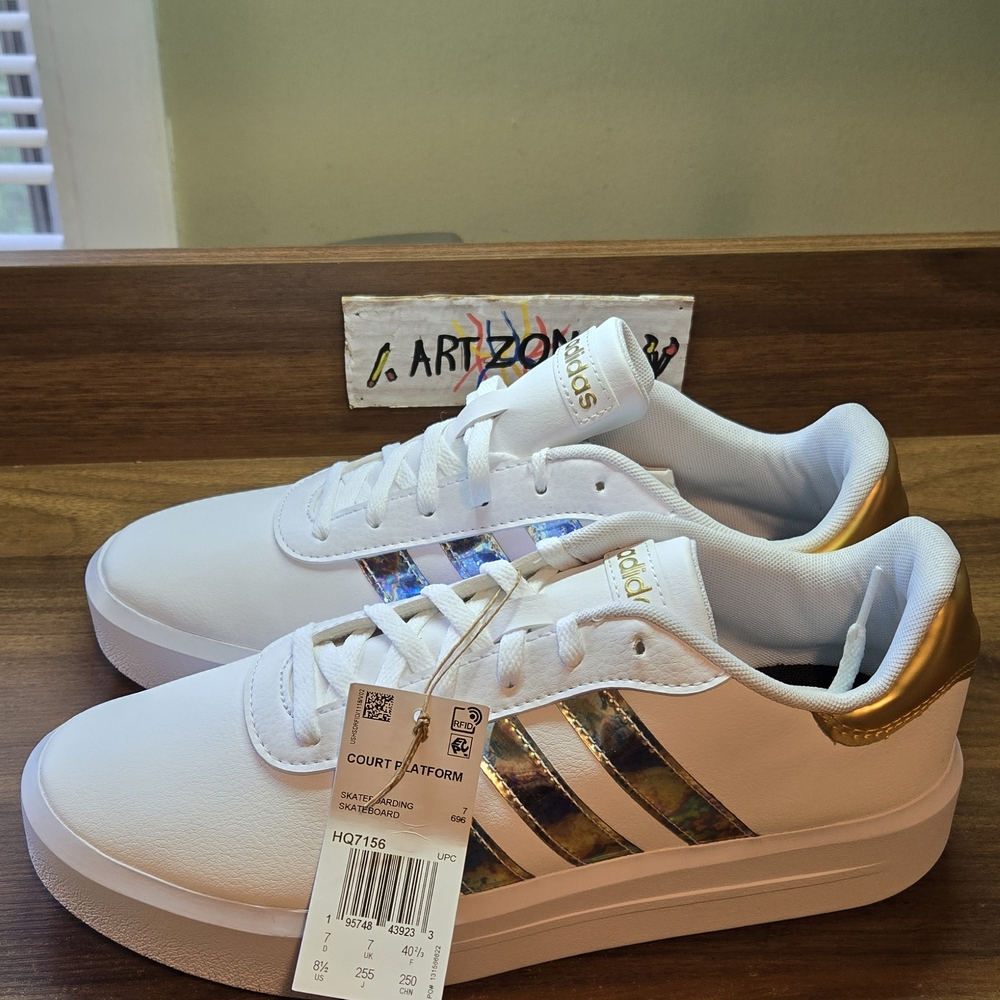 Adidas White Sneakers with Gold Accents Court Platform 8.5w - Picture 4 of 5